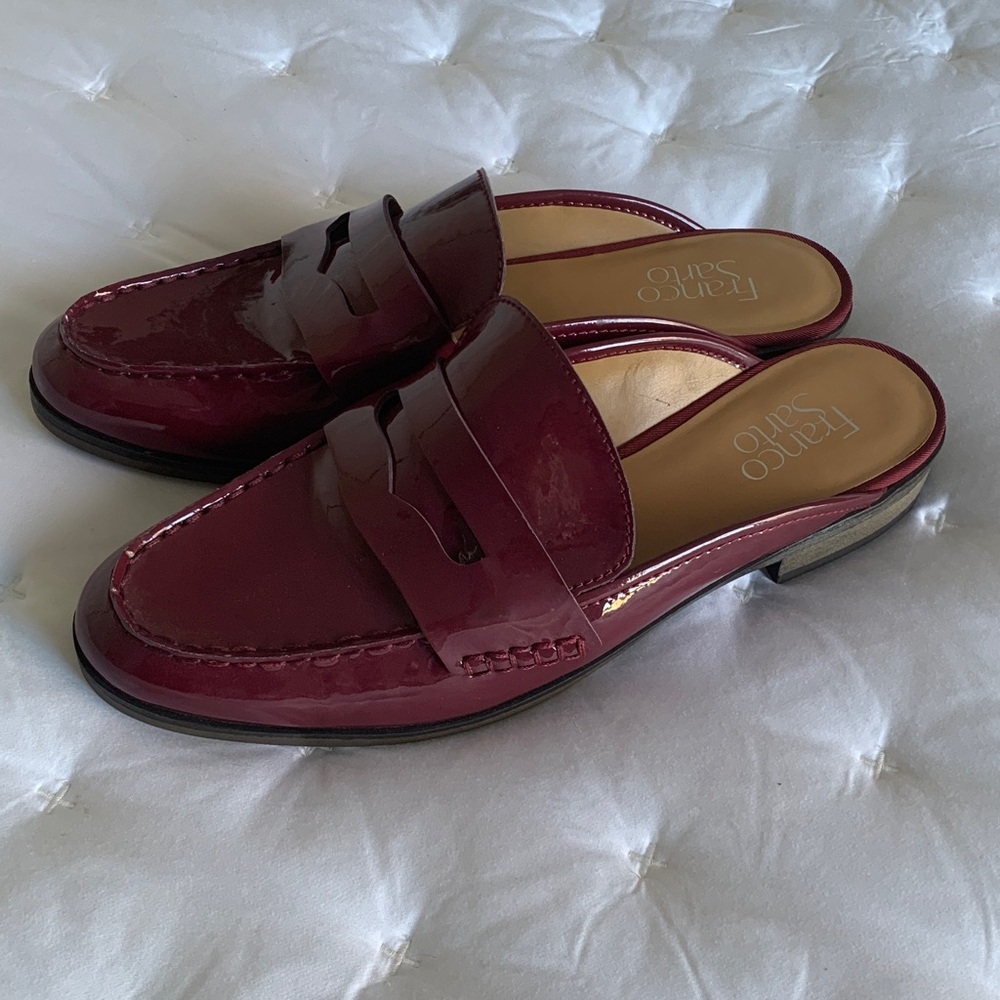 Franco Sarto Patent Burgundy Slip-On Mules Loafers size 9.5